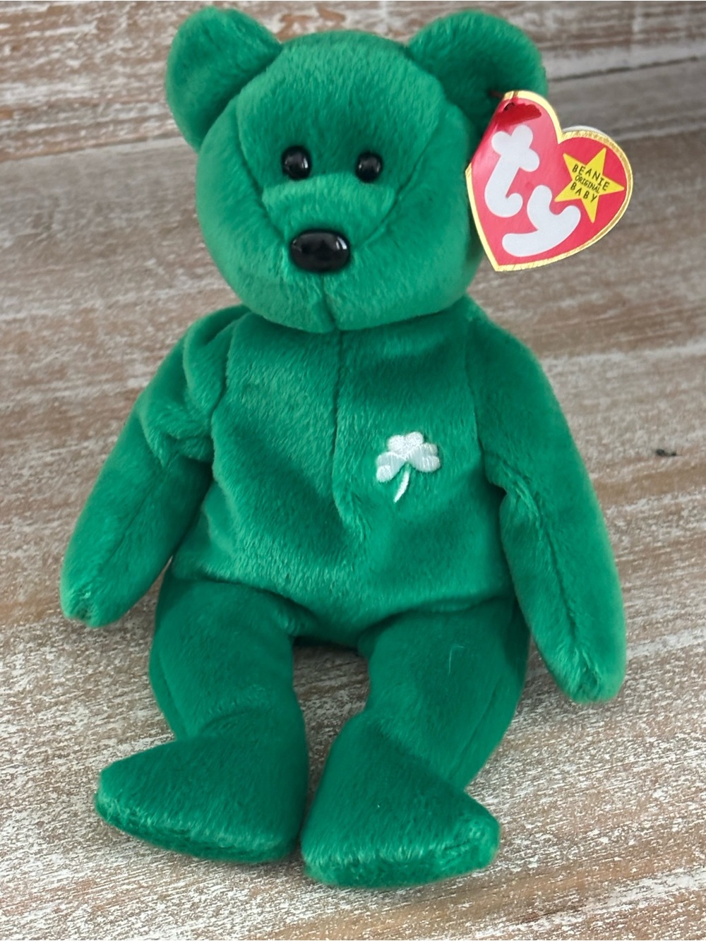 Ty Green Shamrock Bear Plush with Heart Tag